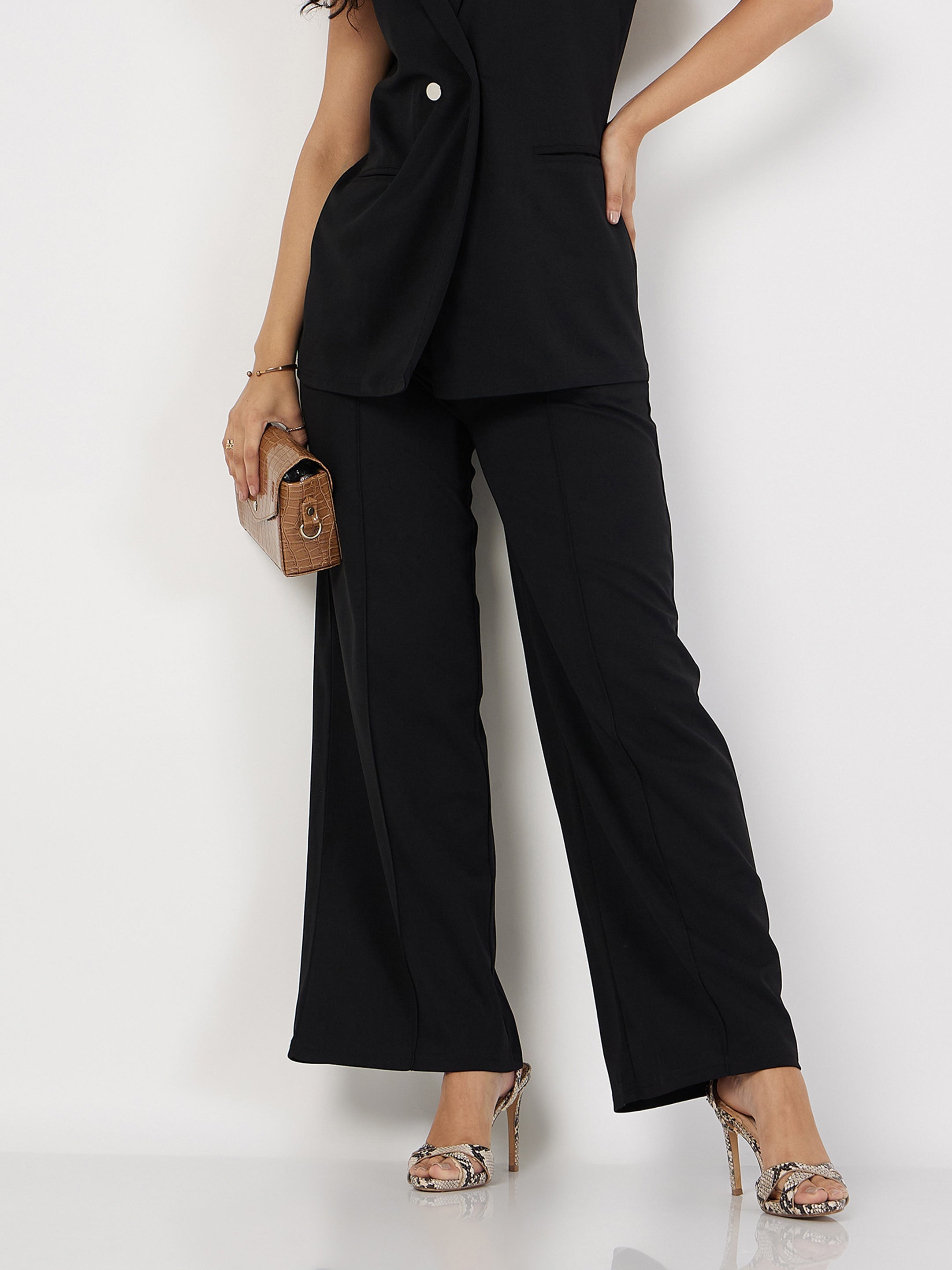 Women Black Front Darted Palazzo Pants