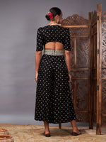 Women Black Foil Print Lace Detail Jumpsuit