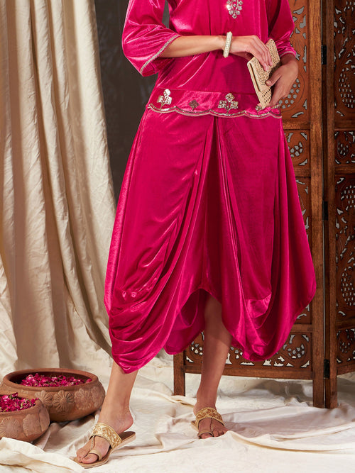 Women Fuchsia Velvet Dhoti Skirt