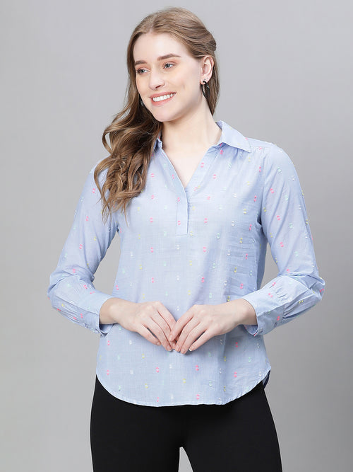 Women Soild Blue Long Sleeve Collared Cotton Top