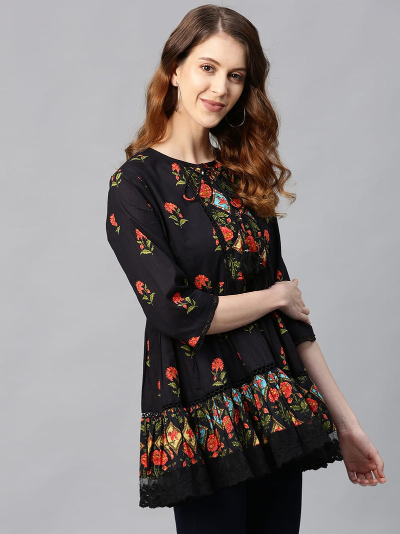 Juniper Black Cambric Embroidered Tiered Top
