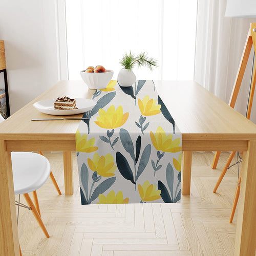 Ikat Yellow Grey Digital Printed 6 Seater Table Runner, 13 x 72 Inches
