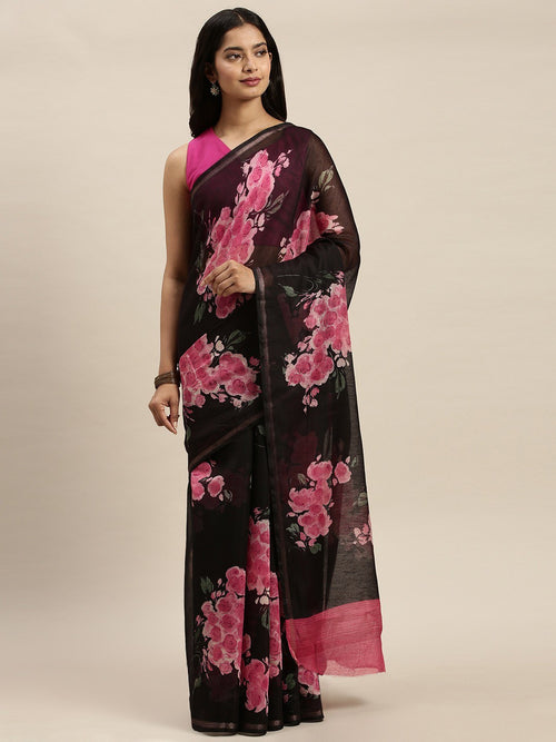 Black & Pink Printed Art Silk Saree