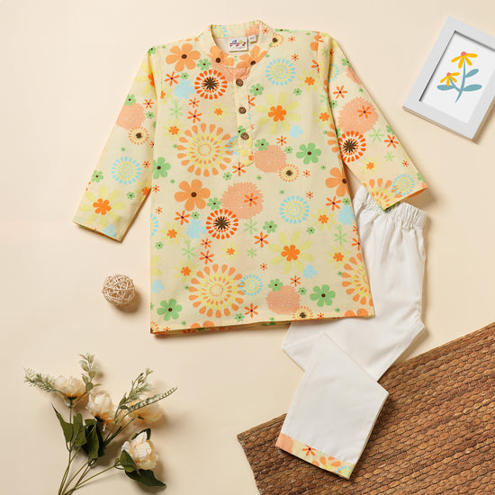 Desi Soota Floral Print Cotton Kurta Pajama Set for Boys - Yellow-M025