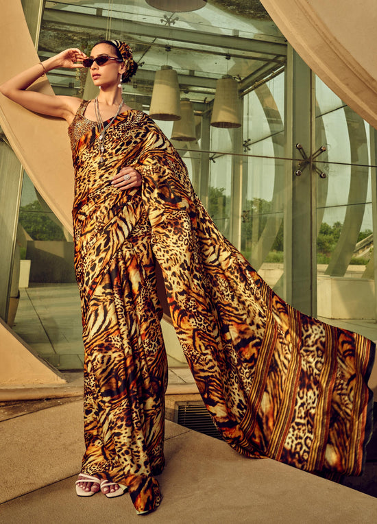 Avanshee Women's Latest Bollywood Digital Print, Printed, Animal Printed Satin Saree With Unstiched Blouse-AVN-1408-TIGER