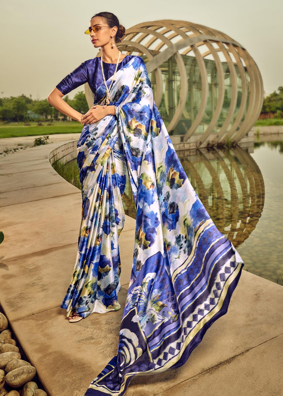 Avanshee Women's Latest Bollywood Digital Print, Printed Satin Saree With Unstiched Blouse-AVN-1410-WHITE-BLUE