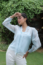 Blue Organza Shirt with Neck Tie with camisole-SISH0060924