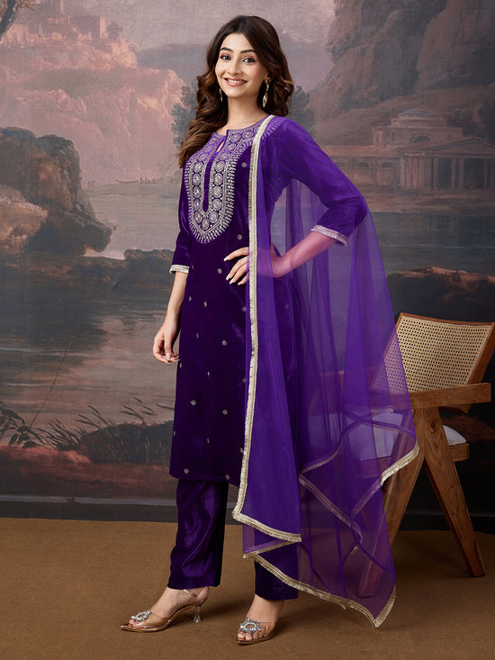 Avanshee Women's Velvet Kurta, Pant With Net Dupatta Set-ES-7555-PURPLE