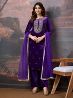 Avanshee Women's Velvet Kurta, Pant With Net Dupatta Set-ES-7555-PURPLE