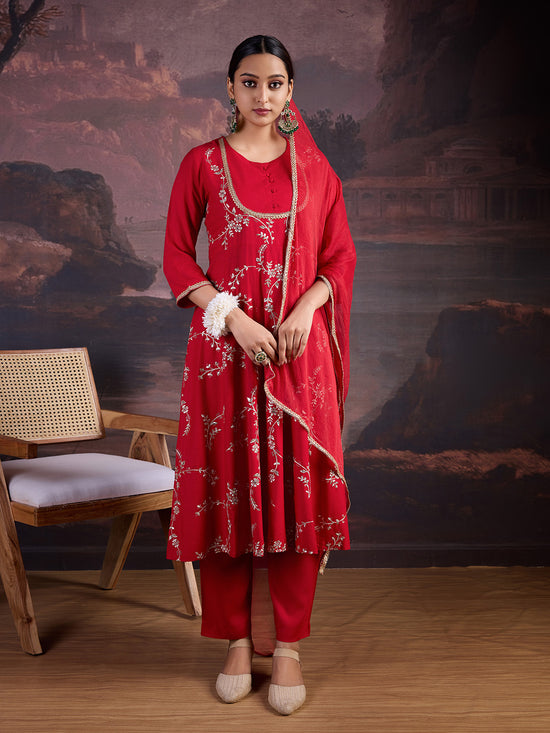 Avanshee Women's Rayon Embroidered Flared Kurta, Pant, And Chiffon Dupatta Set-ES-7544-RED