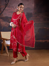 Avanshee Women's Rayon Embroidered Flared Kurta, Pant, And Chiffon Dupatta Set-ES-7544-RED