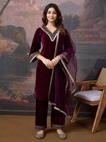 Avanshee Women's Velvet Kurta, Pant With Net Dupatta Set-ES-7556-WINE