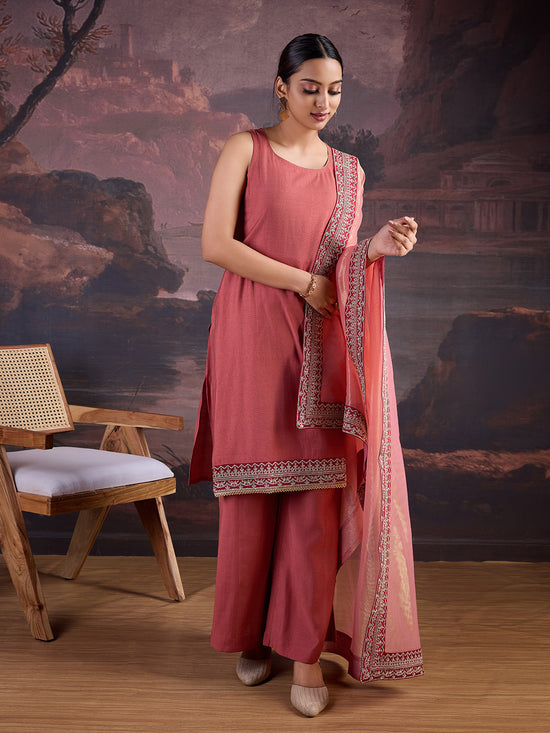 Avanshee Women's Latest Silk Blend Kurta, Palazzo Dupatta Set-ES-7545-PEACH