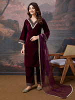 Avanshee Women's Velvet Kurta, Pant With Net Dupatta Set-ES-7556-WINE