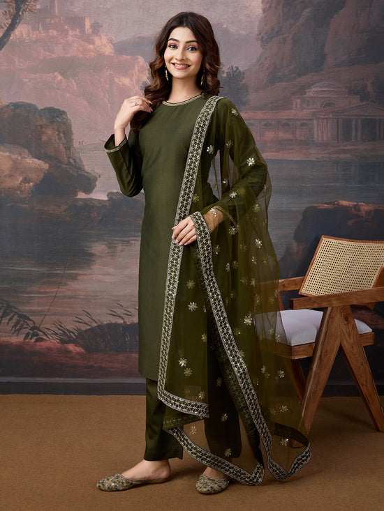 Avanshee Women's Silk Blend Kurta, Pant With Dupatta Set-ES-7552-GREEN