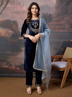 Avanshee Women's Velvet Kurta, Pant With Net Dupatta Set-ES-7557-NAVY BLUE