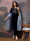 Avanshee Women's Velvet Kurta, Pant With Net Dupatta Set-ES-7557-NAVY BLUE