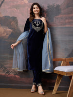 Avanshee Women's Velvet Kurta, Pant With Net Dupatta Set-ES-7557-NAVY BLUE