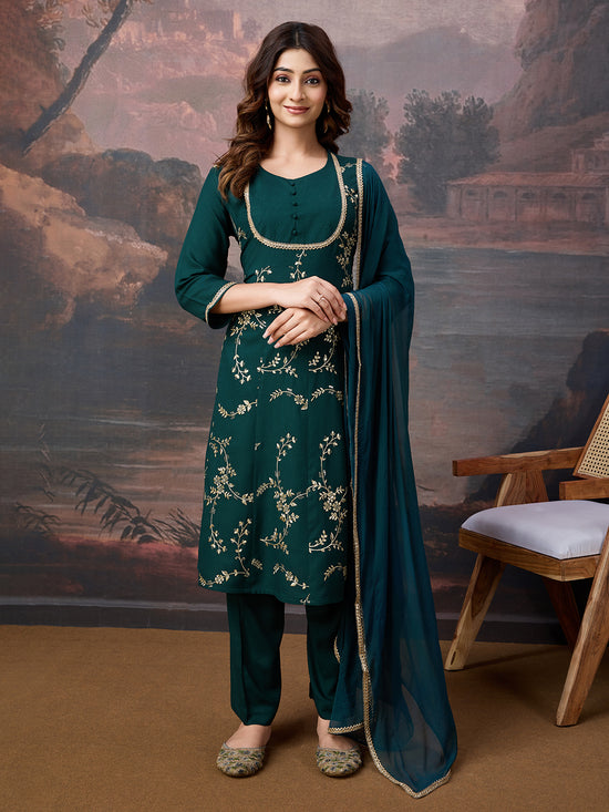 Avanshee Women's Rayon Embroidered Flared Kurta, Pant, And Chiffon Dupatta Set-ES-7544-GREEN