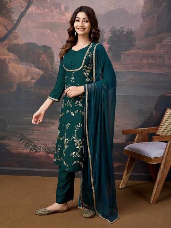 Avanshee Women's Rayon Embroidered Flared Kurta, Pant, And Chiffon Dupatta Set-ES-7544-GREEN