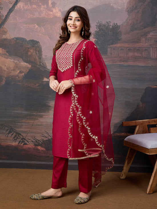 Avanshee Women's Silk Blend Kurta, Pant With Net Dupatta Set-ES-7553-PINK