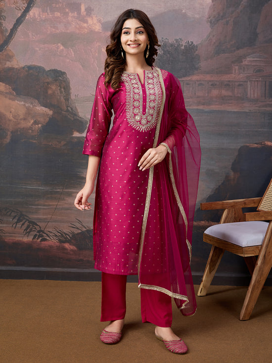 Avanshee Women's Latest Chanderi, Cotton Silk Kurta, Pant With Dupatta Set-ES-7554-PINK