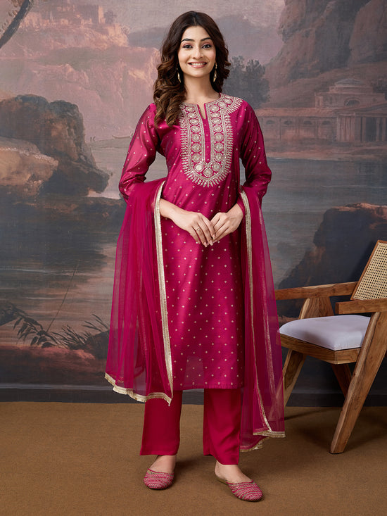 Avanshee Women's Latest Chanderi, Cotton Silk Kurta, Pant With Dupatta Set-ES-7554-PINK