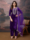 Avanshee Women's Velvet Kurta, Pant With Net Dupatta Set-ES-7555-PURPLE