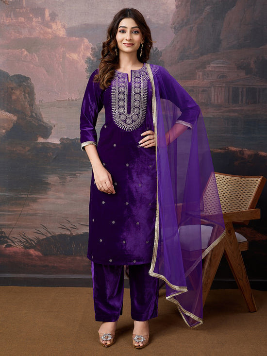 Avanshee Women's Velvet Kurta, Pant With Net Dupatta Set-ES-7555-PURPLE