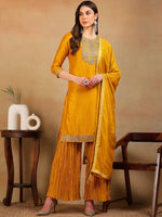 Ahika Women Yellow Silk Blend Embroidered Straight Kurta Palazzo Set