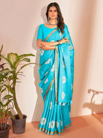 Saree Mall Women's Cotton Slub Blue Printed Designer Saree With Blouse Piece-NAVYA119