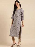 Women's Grey Printed Straight Kurta-AT-A382-K-Grey