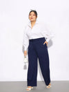 Women Navy Hem Button Detail Straight Pants