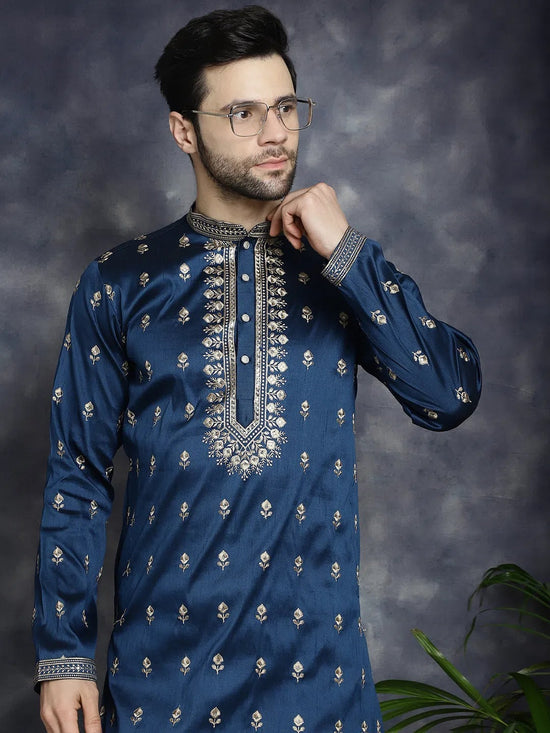 Men's Navy Blue Chikankari Embroidered Kurta With Pyjama.-JOKP-P-5042Navy