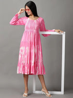 Women's Pink Tie Dye Fit and Flare Dress-ON-9-Pink