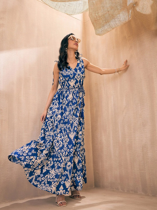 Women Blue Ikat Print Shoulder Tie Belted Tiered Maxi