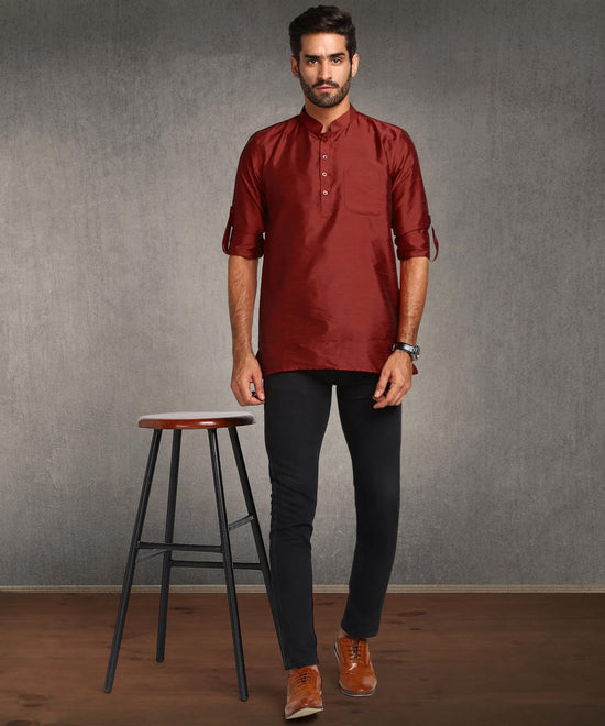 Hangup Men Standard Solid Men's Indian Wear-Maroon_Dupion_Short2Kurta