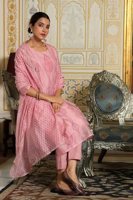 Vaasva Women Pink Chanderi Block Printed Embroidered Kurta Set With Solid Pants & Dupatta-133-Vaas-Pink