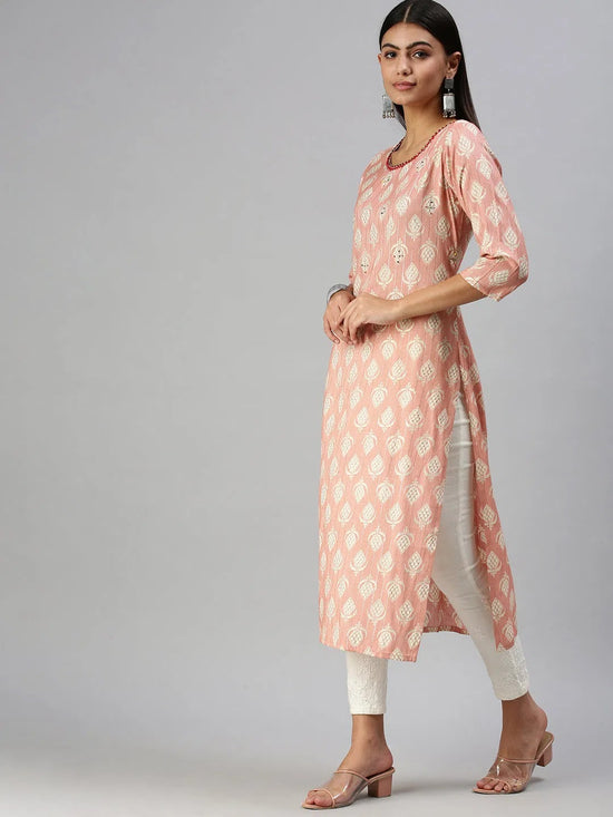 Women's Peach Printed Straight Kurta-SKC3176-Peach