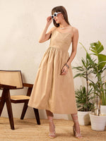 Women Beige Strappy Back Tie Midi Dress