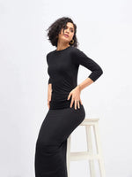 Women Black Waist Ruched Bodycon Maxi Dress