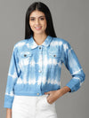 Women's Blue Printed Open Front Jacket-AE-0174-Blue