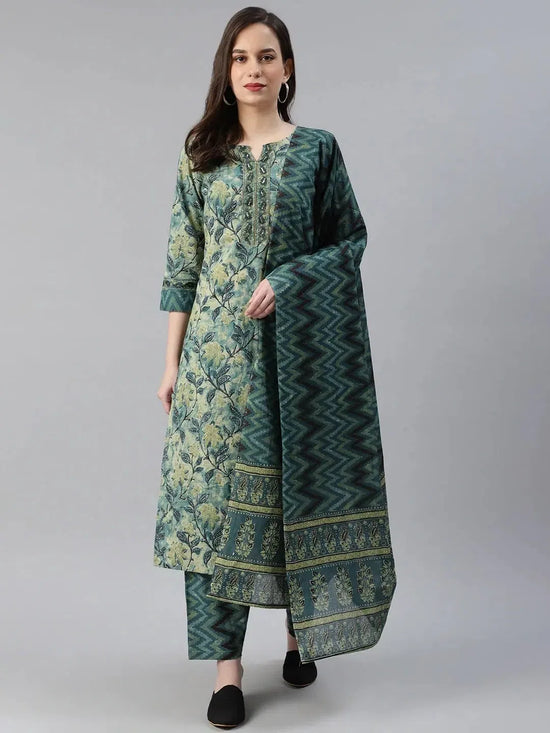 Ahika Women Green Rayon Blend Printed Straight Kurta Pant Set With Dupatta