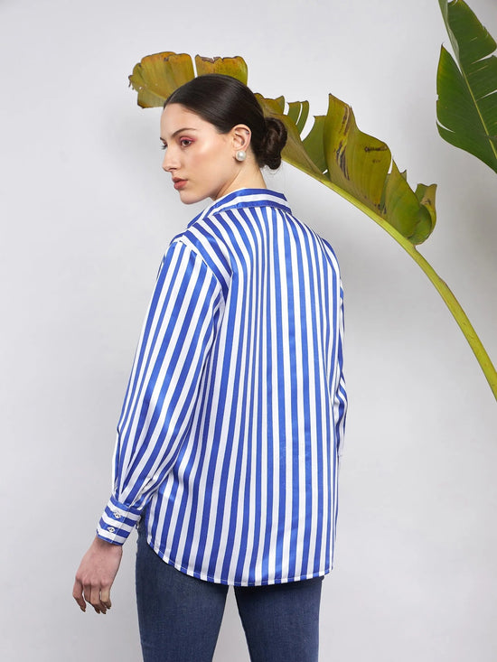 Women Blue & White Satin Striped Shirt