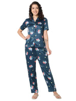 Smarty Pants Women's Silk Satin Teal Blue Color Mermaid Printed Night Suit