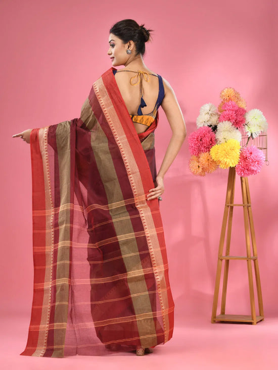 Maroon Pure Cotton Tant Saree With Temple Border-MA51TT43430059