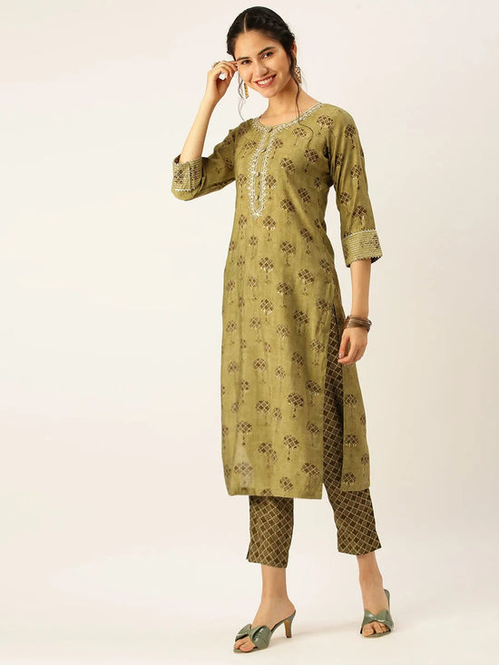 Women's Green Printed Kurta Sets-AT-A348-KP-Olive