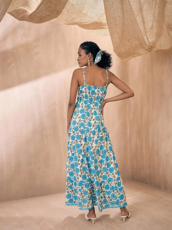 Women Blue Floral Front Slit Strappy Maxi