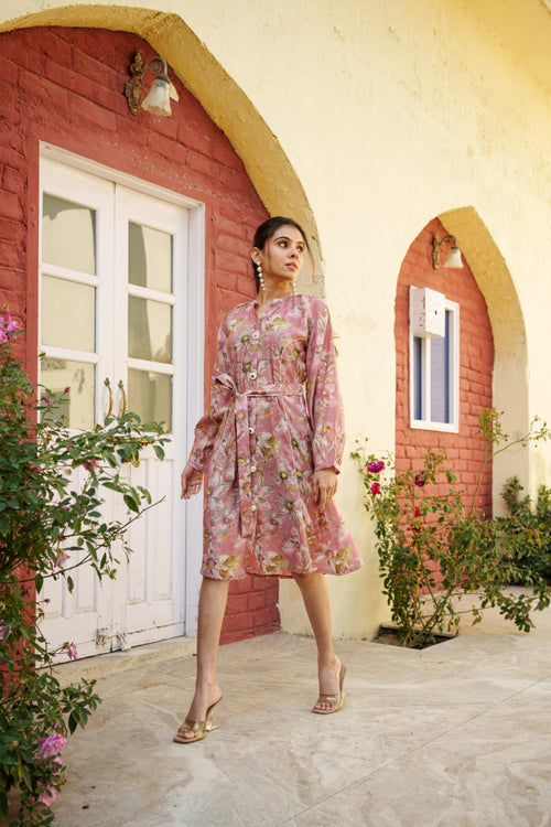 Vaasva Women Pink Muslin Floral Printed Knee Length Dress