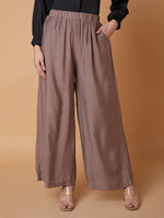 Women Solid Brown Pleated Loose Fit Trouser-1075-Brown